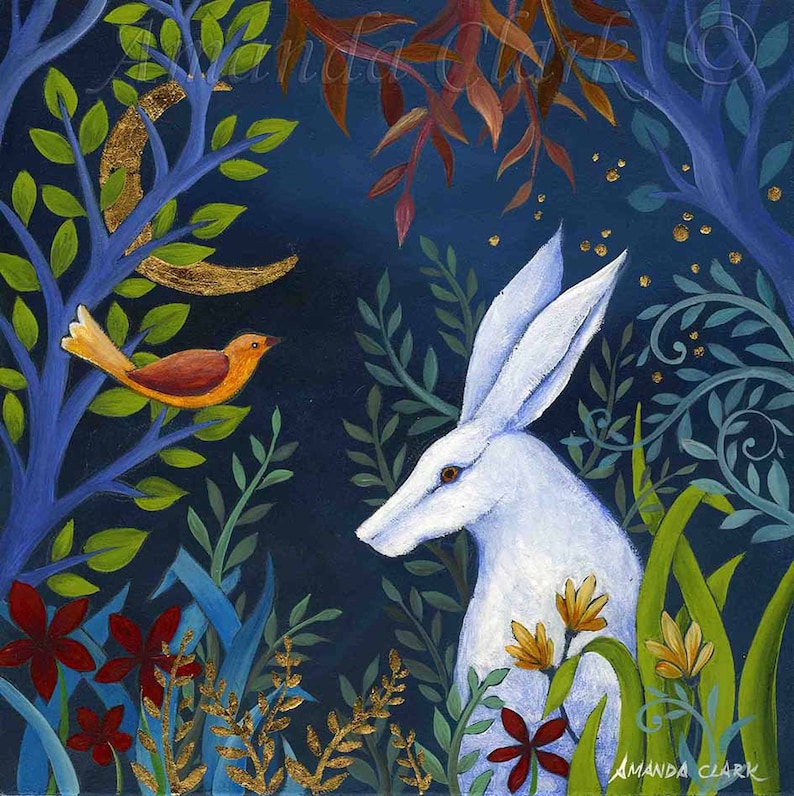 Print titled Moon Garden by Amanda Clark fairytale art print, hare art print, floral wall decor, meadow art print, woodland art image 1