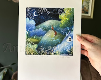 Print titled &quot;One Summer Evening&quot; by Amanda Clark - fairytale art print, landscape art, fox art print, meadow print, dreamy art print