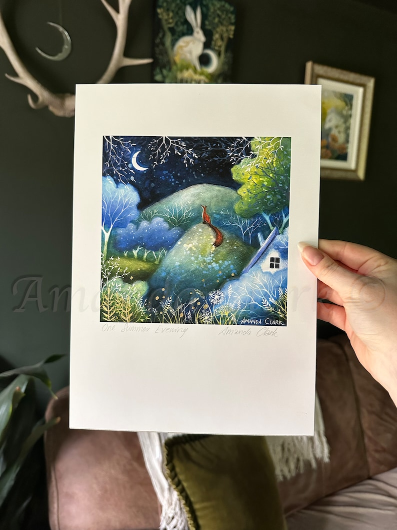 Print titled "One Summer Evening" by Amanda Clark - fairytale art print, landscape art, fox art print, meadow print, dreamy art print image 1