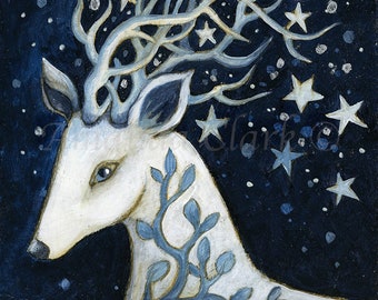 SALE! Limited edition giclee print titled "White Magic" by Amanda Clark - stag art print, fairytale art print, miniature artwork, whimsical