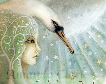 May include: A woman with green hair and a white swan with a black beak. The swan is above the woman's head and is looking at her. The background is a light blue with white stars and white dots.