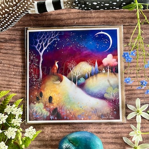 Carte de voeux intitulée « Starry Meadows » par Amanda Clark - carte de conte de fées, carte d'art fantaisiste, carte de voeux écologique, carte d'art de renard