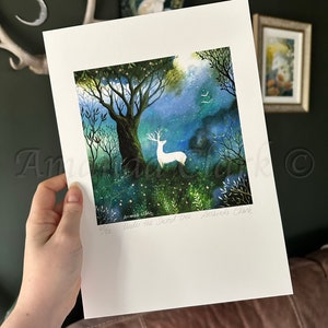 Limited edition giclee print titled "Under the Sacred Tree" by Amanda Clark - stag art print, fairytale art print, landscape artwork