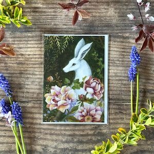 Greeting Card titled "Peony Garden" by Amanda Clark - fairytale card, whimsical art card, eco greeting card, hare art card