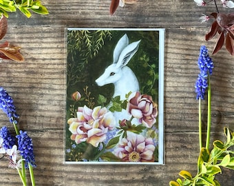 Greeting Card titled "Peony Garden" by Amanda Clark - fairy tale, whimsical, hare