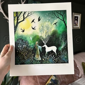 Limited edition giclee print titled &quot;Woodland Spirit&quot; by Amanda Clark - stag art print, fairytale art print, landscape art, whimsical print