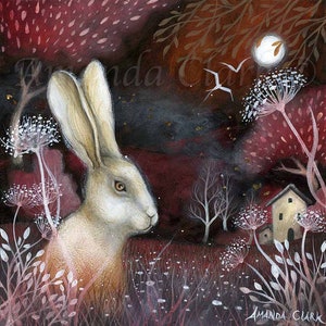 Mounted print titled Ruby Fields by Amanda Clark fairytale art print, landscape art, hare art print, mounted art print, dreamy art print image 1