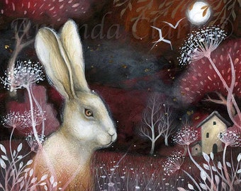 Mounted print titled "Ruby Fields" by Amanda Clark - fairytale art print, landscape art, hare art print, mounted art print, dreamy art print