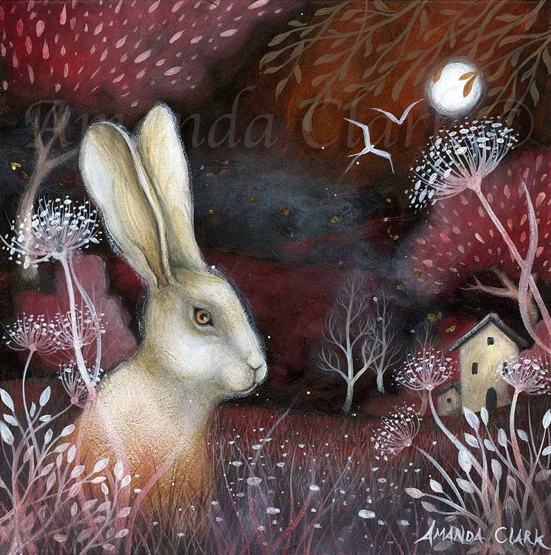 Mounted print titled Ruby Fields by Amanda Clark fairytale art print, landscape art, hare art print, mounted art print, dreamy art print image 1