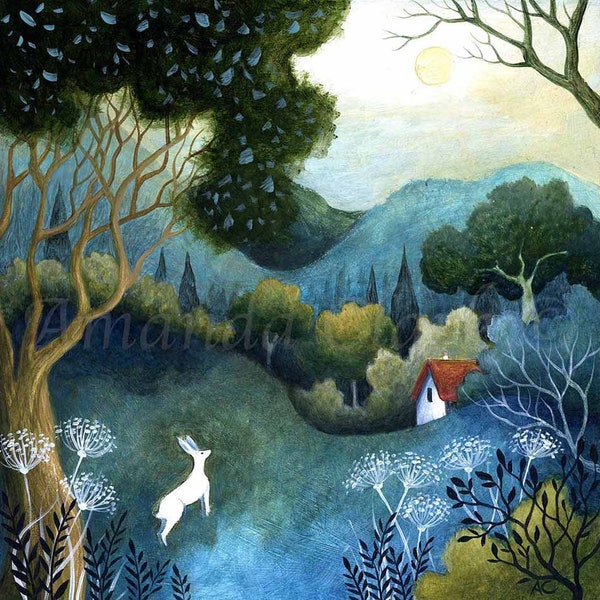 Print titled "A June Morning" by Amanda Clark - fairytale art print, landscape art, meadow wall art, woodland art, whimsical decor, hare art