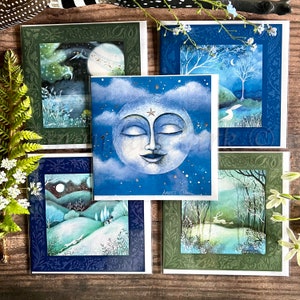 Lot de 5 cartes de voeux lune par Amanda Clark - cartes de voeux saisonnières, cartes de voeux lune, cartes animaux des bois, cartes d'art de conte de fées
