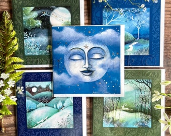 Conjunto de 5 tarjetas de felicitación lunar de Amanda Clark: tarjetas de felicitación de temporada, tarjetas de felicitación lunar, tarjetas de animales del bosque, tarjetas de arte de cuento de hadas