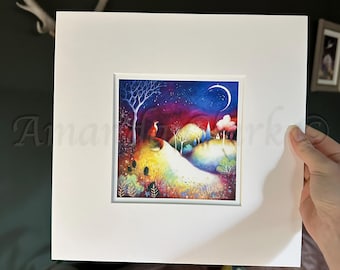 Mounted print titled &quot;Starry Meadows&quot; by Amanda Clark - fairytale art print, landscape art, fox art print, meadow artwork, mounted art print