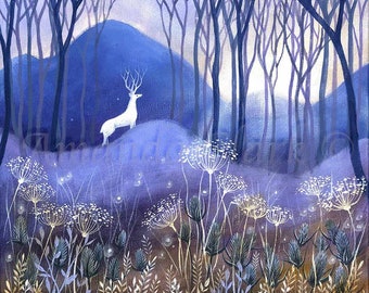 Limited edition giclee print titled "Heather Hills" by Amanda Clark - stag art print, fairytale art print, landscape art