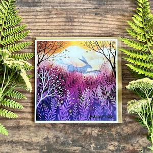 Greeting Card titled "Meadow Run" by Amanda Clark - fairytale card, whimsical art card, eco greeting card, hare art card