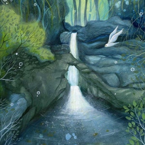 May include: A painting of a waterfall cascading down a rocky cliff in a lush green forest. The water is clear and white, and the rocks are a dark green and gray. There are white bubbles floating in the air, and a white bird is flying over the waterfall. The artist's signature, "Amanda Clark", is in the bottom left corner of the painting.