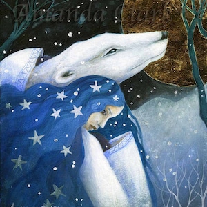 SALE! Limited edition giclee print titled "Under a Golden Moon" by Amanda Clark - goddess art print, fairytale art print, polar bear artwork