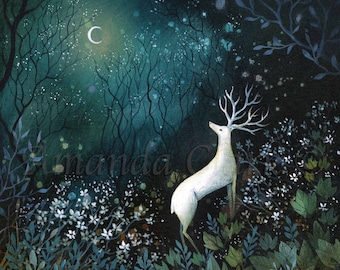 Limited edition giclee print titled "Hawthorn Grove" by Amanda Clark - stag art print, fairytale art print, landscape art, whimsical print