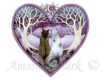 Print titled "A View for Two" by Amanda Clark - fairytale art print, landscape art, valentines gift, cat art print, whimsical artwork