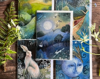 Ensemble de 5 cartes de vœux de conte de fées par Amanda Clark - Cartes de vœux saisonnières, cartes de lune, lièvre, cerf