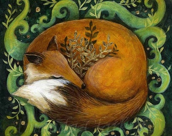 May include: A painting of a curled up orange fox sleeping in a bed of green and gold leaves. The fox is surrounded by swirling green vines and gold dots.