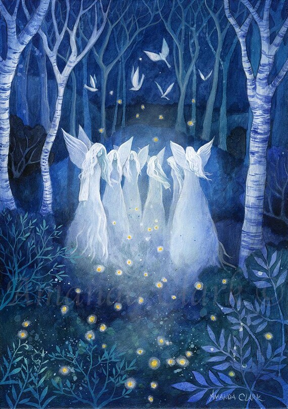 Print Titled the Gathering of Angels by Amanda Clark Fairytale Art Print Angel Wall Art Woodland Art Print Dreamy Wall Print Etsy
