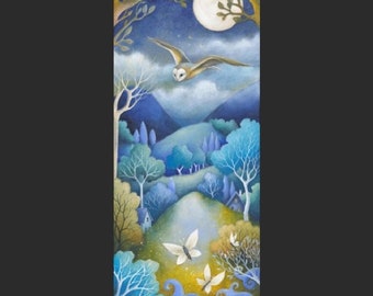 Limited edition giclee print titled "Full Moon Flight" by Amanda Clark - fairytale art print, landscape artwork, owl art print, dreamy art