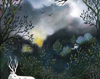 Limited edition giclee print titled "Harvest Ridge" by Amanda Clark - stag art print, goddess art print, fairytale art print, dreamy print