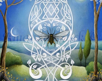 Mounted print titled "Sacred Bee" by Amanda Clark - bee art print, sacred wall art, fairytale art print, mounted art print, dreamy wall art