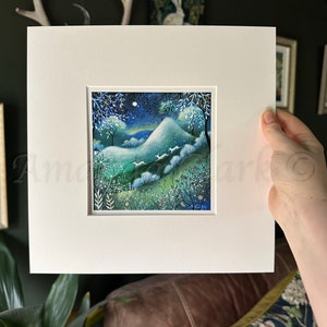 Mounted art print titled "Valley of Moonlight" by Amanda Clark - deer, landscape, matted