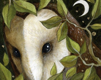 Unframed original painting titled "Leaf and Moon" by Amanda Clark - owl art, original art, acrylic art, miniature art