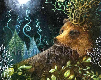 Print titled "Evergreen" by Amanda Clark - fairytale art, landscape art, bear art print, woodland scene art, whimsical art print