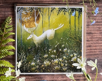 Greeting Card titled "Golden Light of Dawn" by Amanda Clark - fairy tale, whimsical, stag