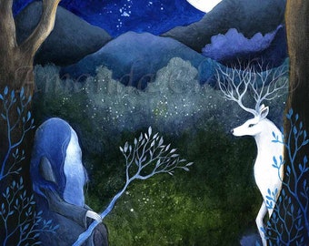 Print titled "The Meet" by Amanda Clark - fairytale art print, landscape artwork, goddess art, deer wall print, woodland art, dreamy print