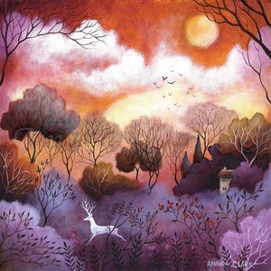 May include: A painting depicting a white deer in a purple woodland with a sunset sky. The sky is orange and pink with white clouds. There are trees in the background and a small house in the distance.