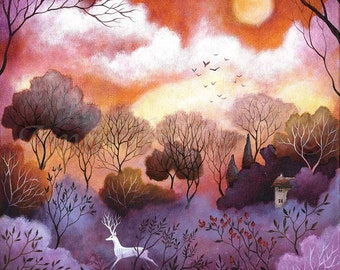 Limited edition giclee print titled "Under an Amber Sky" by Amanda Clark - stag art print, fairytale art print, landscape art, whimsical art