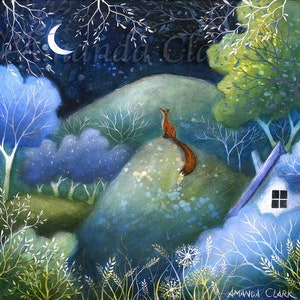 Print titled "One Summer Evening" by Amanda Clark - fairytale art print, landscape art, fox art print, meadow print, dreamy art print