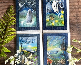 Set 1 of "Wheel of the Year" greeting card set by Amanda Clark - yule card, beltane card, ostara birthday card, imbolc greeting card