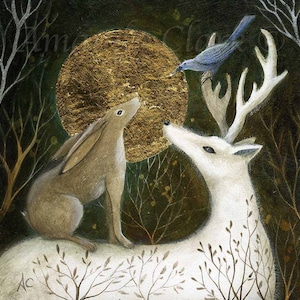 SALE Limited edition giclee print titled Whisper Second Release by Amanda Clark stag art print, hare art, woodland art, dreamy print image 1