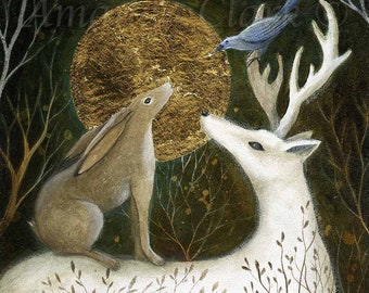 SALE! Limited edition giclee print titled "Whisper" Second Release by Amanda Clark - stag art print, hare art, woodland art, dreamy print