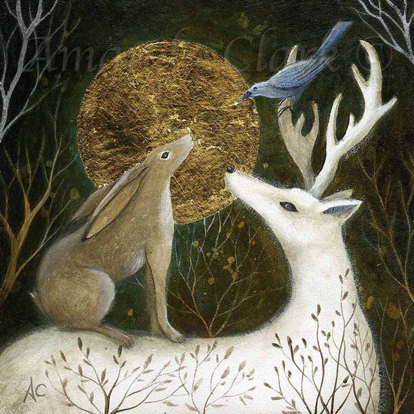 SALE! Limited edition giclee print titled "Whisper" Second Release by Amanda Clark - stag art print, hare art, woodland art, dreamy print