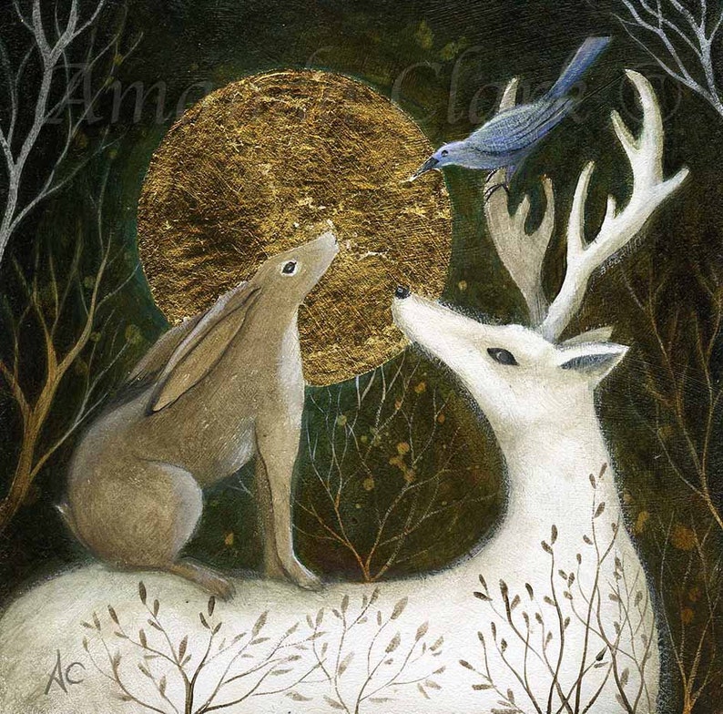 SALE Limited edition giclee print titled Whisper Second Release by Amanda Clark stag art print, hare art, woodland art, dreamy print image 1