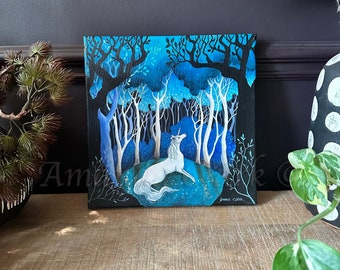 Pintura de lienzo original sin enmarcar titulada "Starlight Wood" de Amanda Clark - pintura de unicornio, obras de arte del bosque, lienzo de cuento de hadas, paisaje