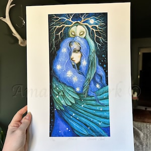 Limited edition giclee print titled "Athena" by Amanda Clark - goddess art print, barn owl artwork, celestial wall print
