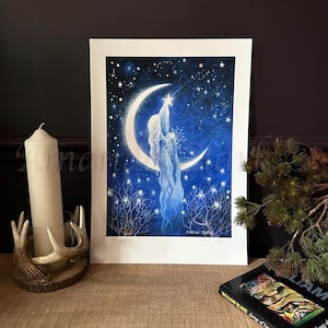 A3 print titled &quot;Moon Goddess&quot; by Amanda Clark - fairytale art print, celestial art, goddess wall art, moon art print, night sky wall art