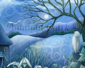 Print titled "Silence" by Amanda Clark - fairytale art print, landscape art, owl wall decor, winter art scene, woodland art print