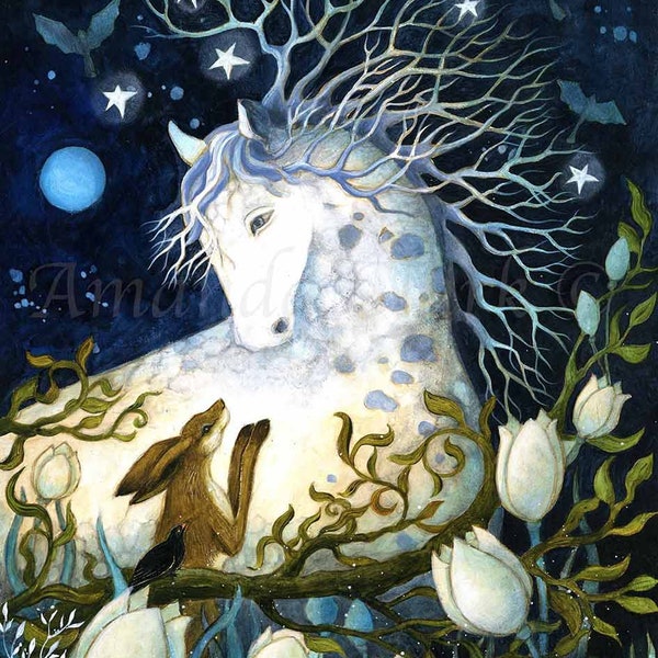 Print titled "The Messenger" by Amanda Clark -  fairytale art print, horse wall art, floral artwork, woodland art print, dreamy wall art