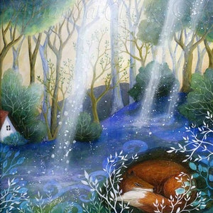 Print titled "Sunbeams" by Amanda Clark -  fairytale art print, fox art print, woodland artwork, landscape print, dreamy wall art