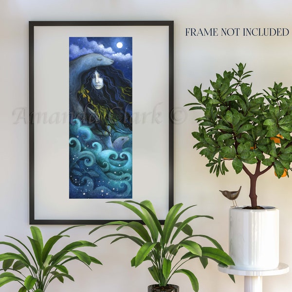 Limited edition giclee print titled "Selkie" by Amanda Clark - seal art print, ocean artwork, goddess wall art, selkie mythology, dreamy art