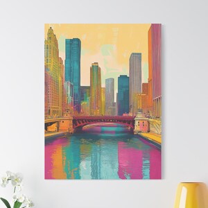 Impresión en lienzo de arte de Chicago, decoración del hogar con arte de Illinois, arte de pared con el horizonte de Chicago, impresión de arte de ciudad moderna, regalos de Chicago, arte de pared de Chicago, lienzo